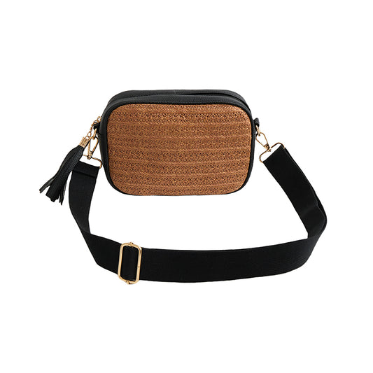 Raffia Weave Crossbody Bag in Black