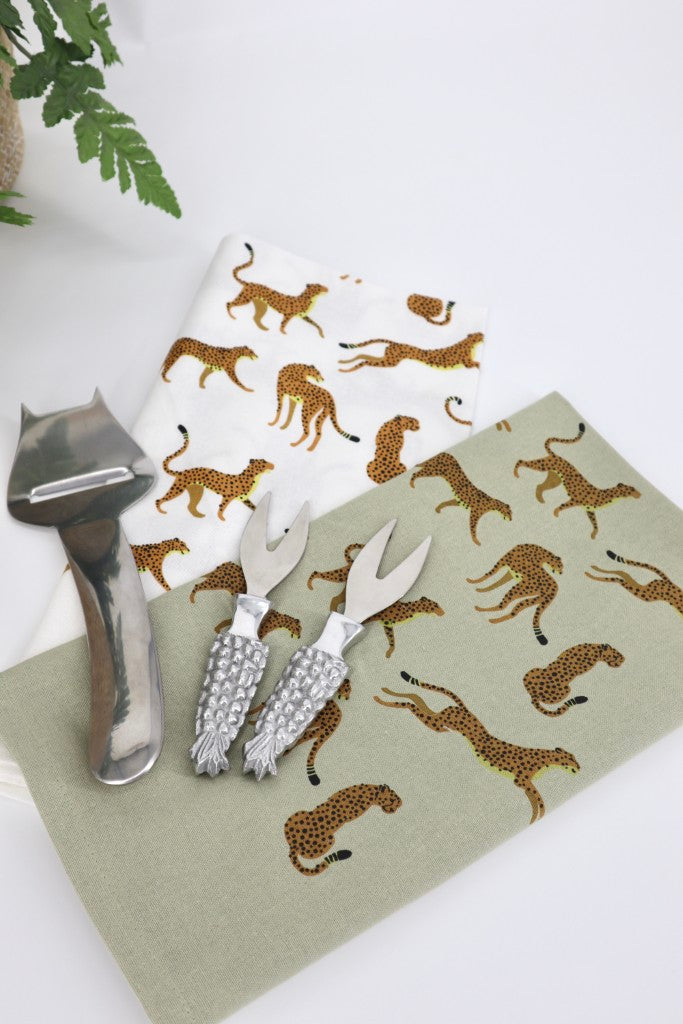 Printed Cotton Tea Towel in Cheetah / Sage