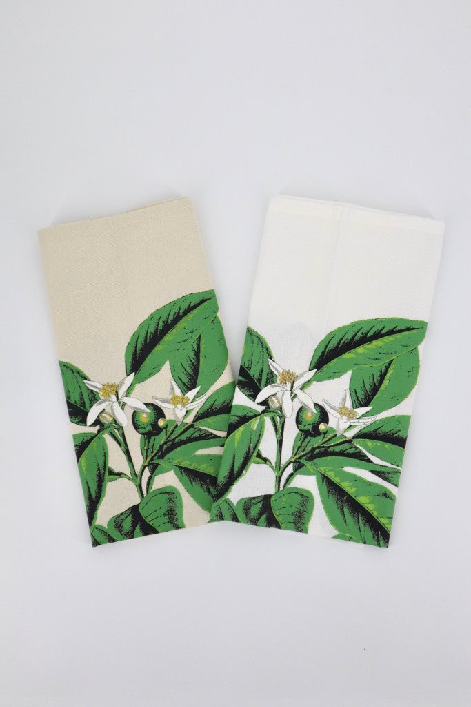 Printed Cotton Tea Towel in Botanical Lemon / Cream