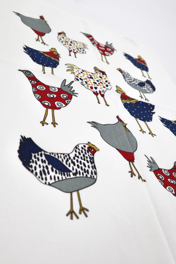 Printed Cotton Tea Towel in Crazy Chicken / White