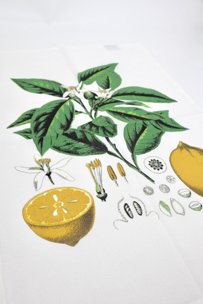 Printed Cotton Tea Towel in Botanical Lemon / Cream
