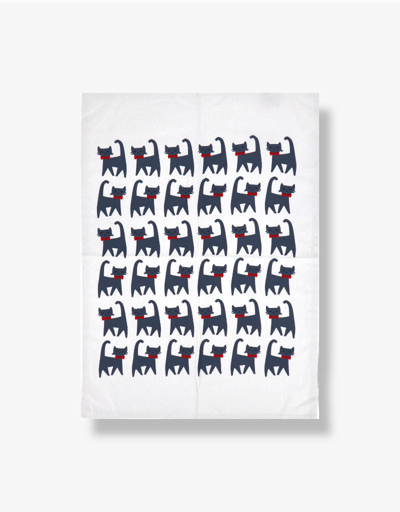 Printed Cotton Tea Towel in Cat Red Bows / Glacier Grey