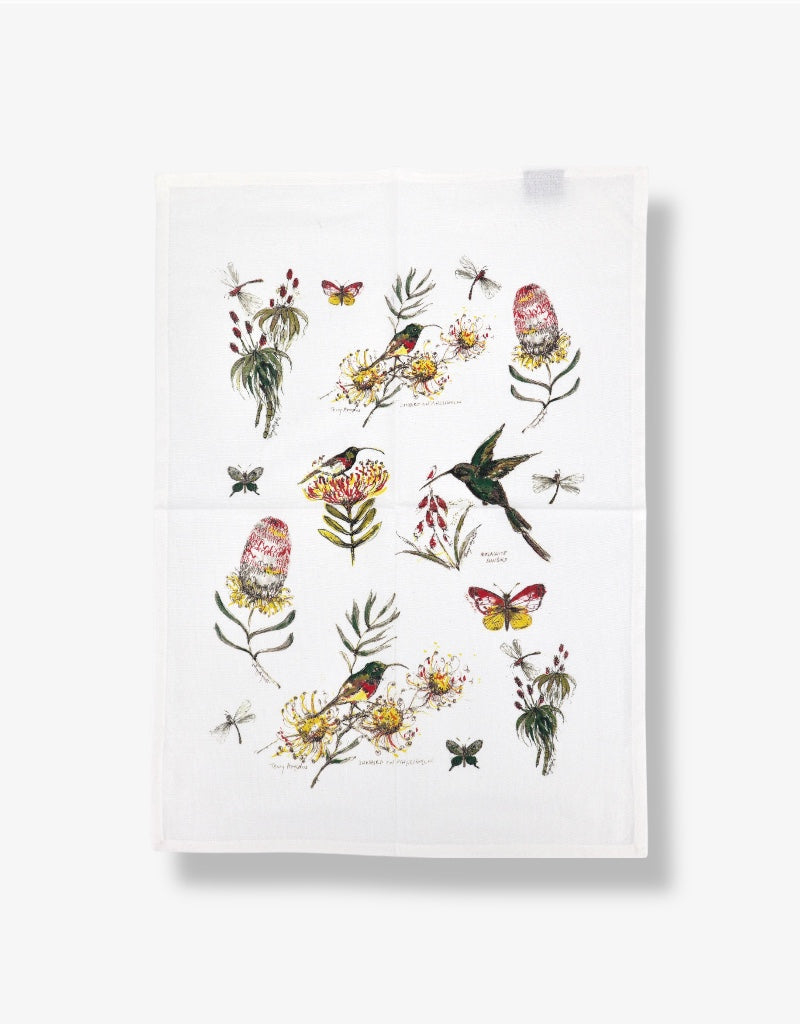 Printed Cotton Tea Towel in Birds & Botany / White