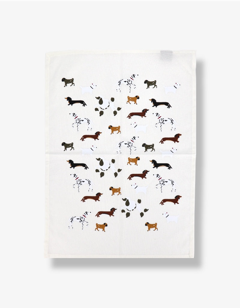 Printed Cotton Tea Towel in Dogs / White