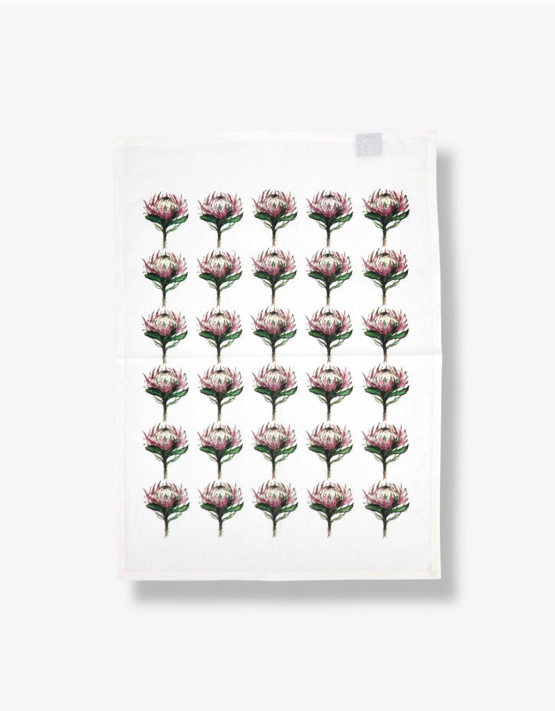 Printed Cotton Tea Towel in Protea Rows