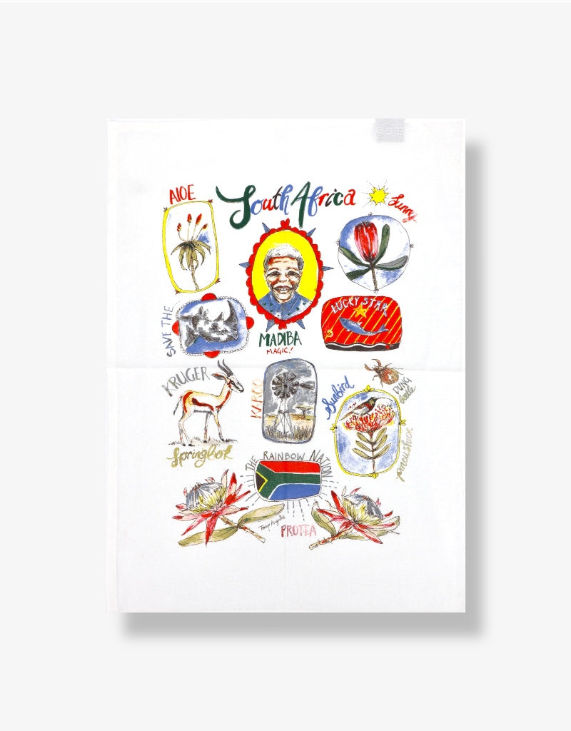 Printed Cotton Tea Towel in Rainbow Nation / White