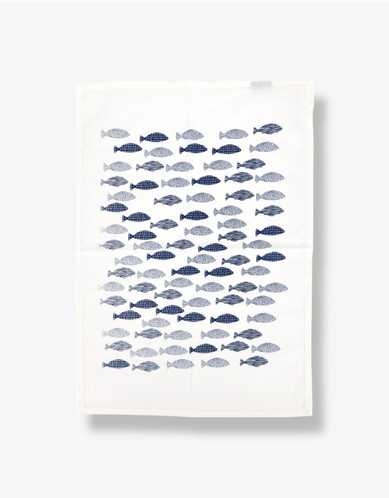 Printed Cotton Tea Towel in Little Fish / Navy