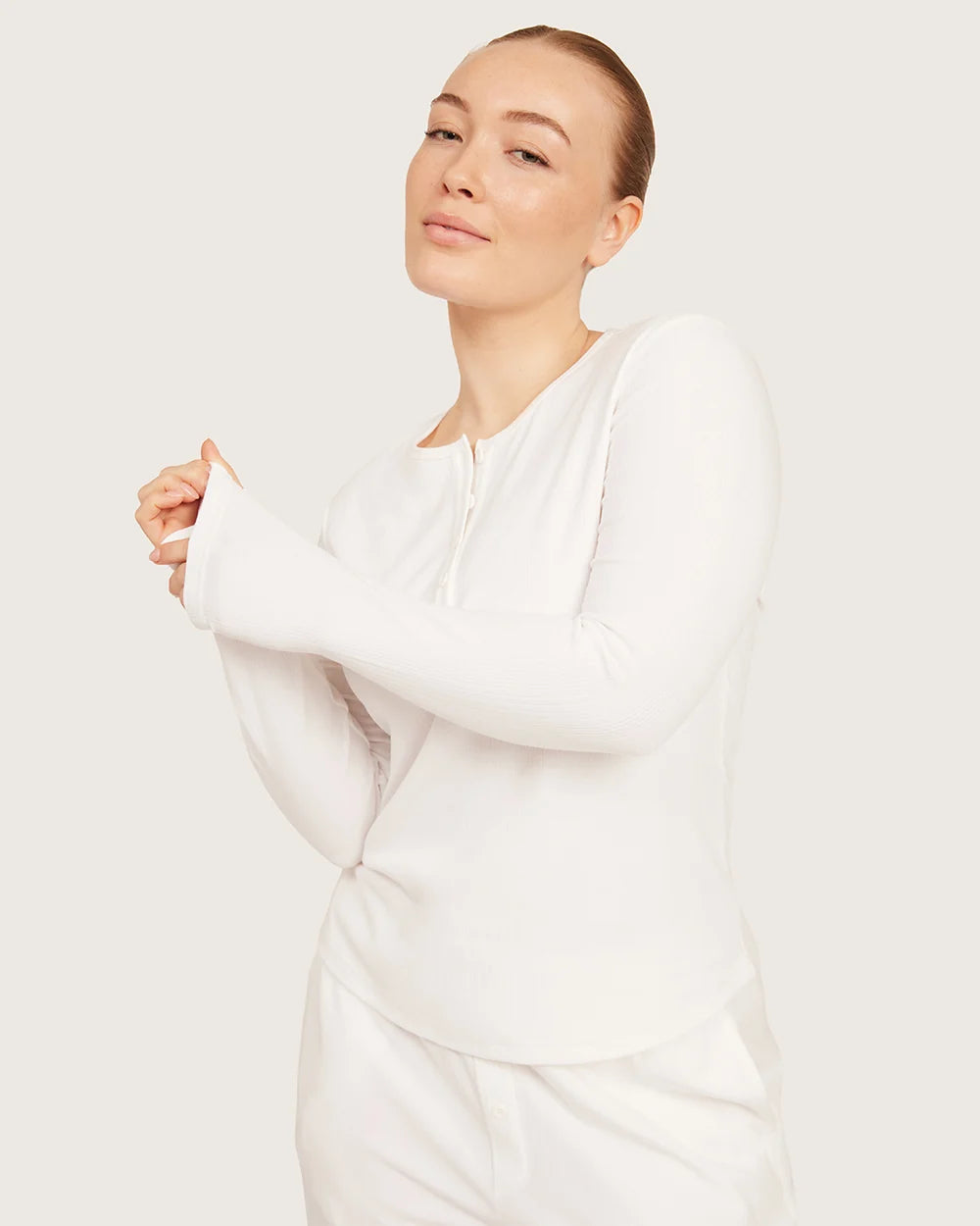 AiraRib Long Sleeve Henley Top in Chalk