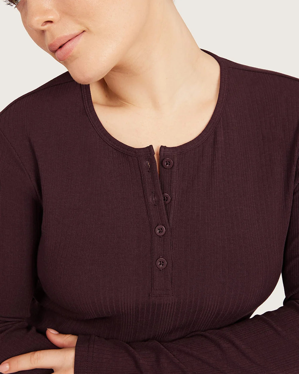 AiraRib Long Sleeve Henley Top in Mulberry