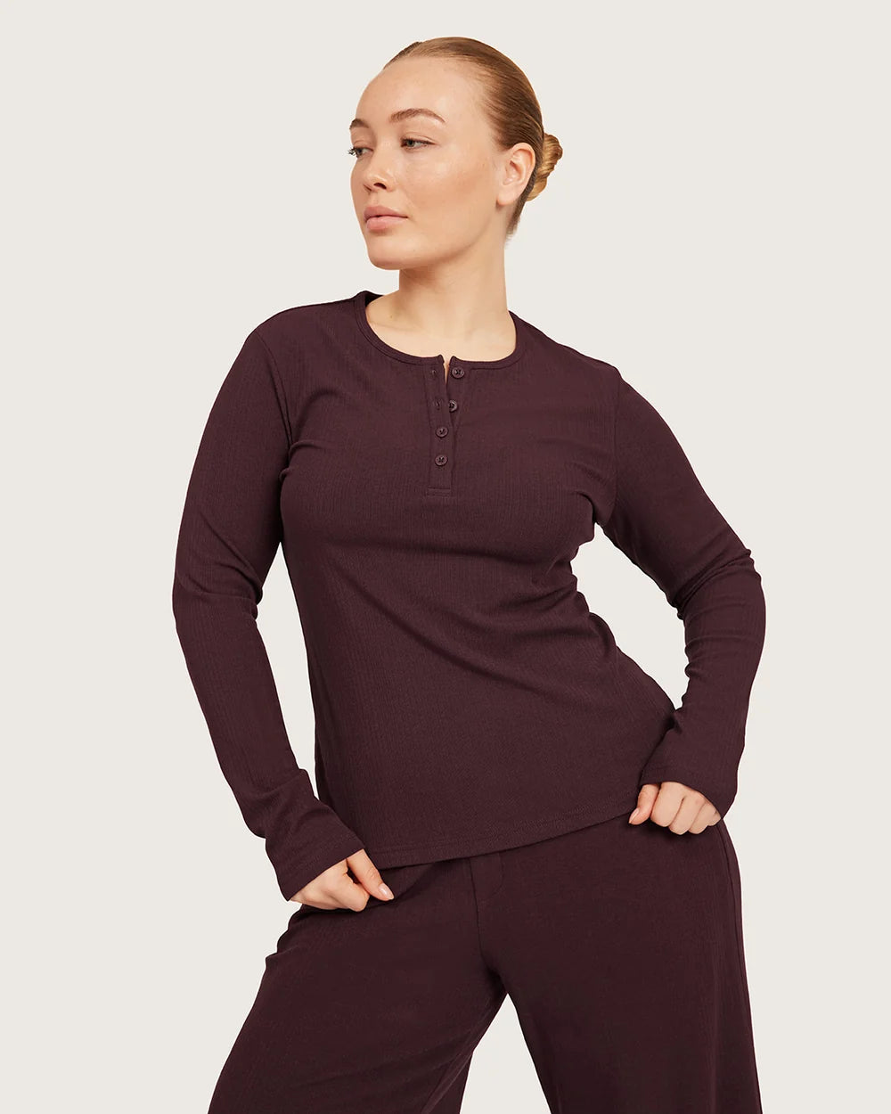 AiraRib Long Sleeve Henley Top in Mulberry