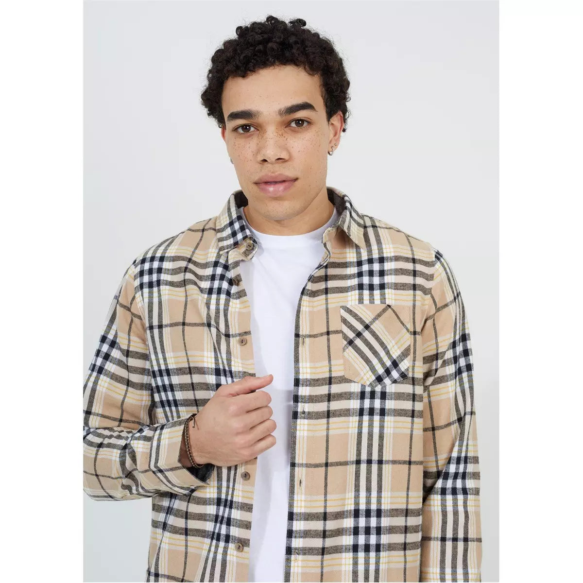 Dempsey Cotton Flannel Check Shirt in Beige