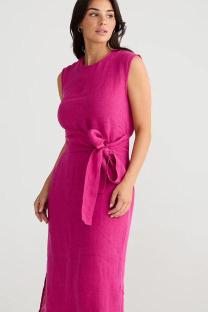 Turning Point Linen Dress in Fuchsia