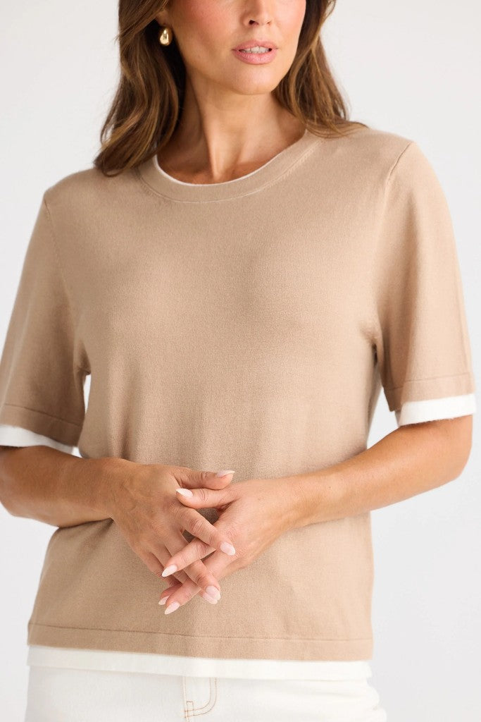 Billie Knit Top in Pebble W Off White