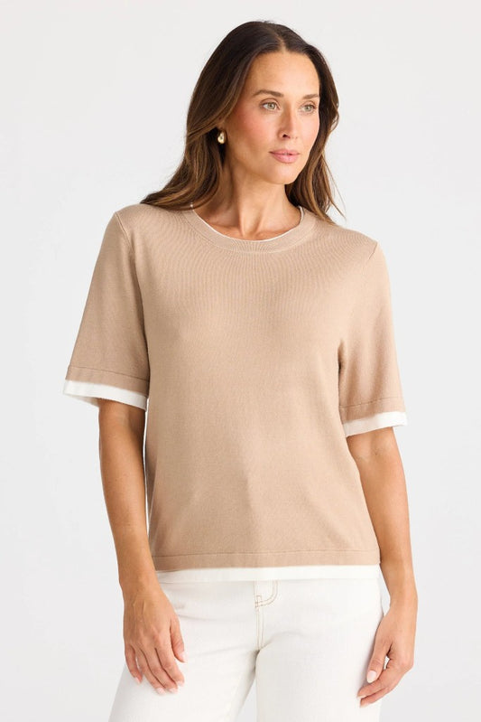 Billie Knit Top in Pebble W Off White