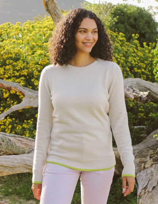 Pure Cashmere Crew Neck Sweater with Contrast Tipping in Bone/Cyber Lime