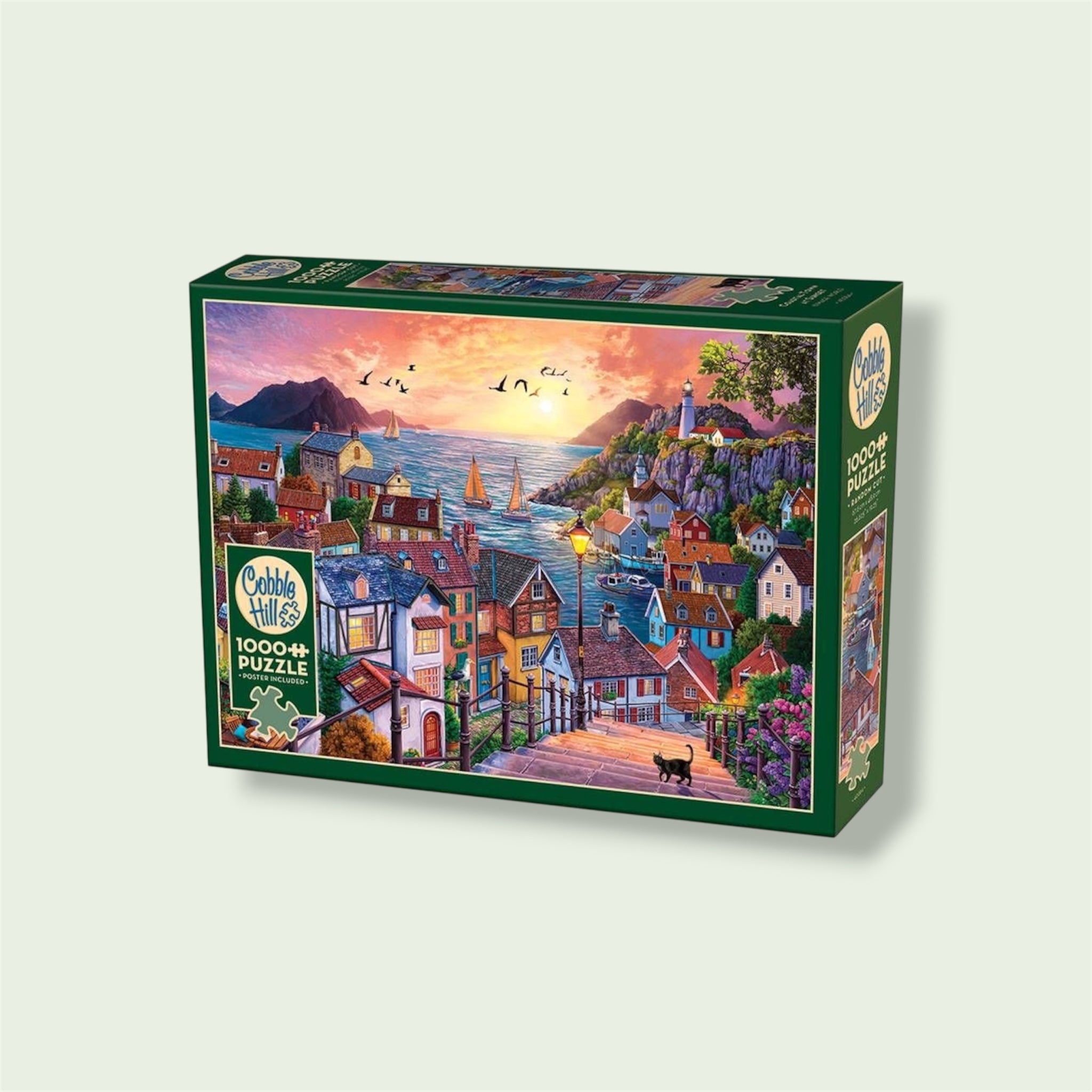 1000 Piece Puzzle in Coastal Town at Sunset