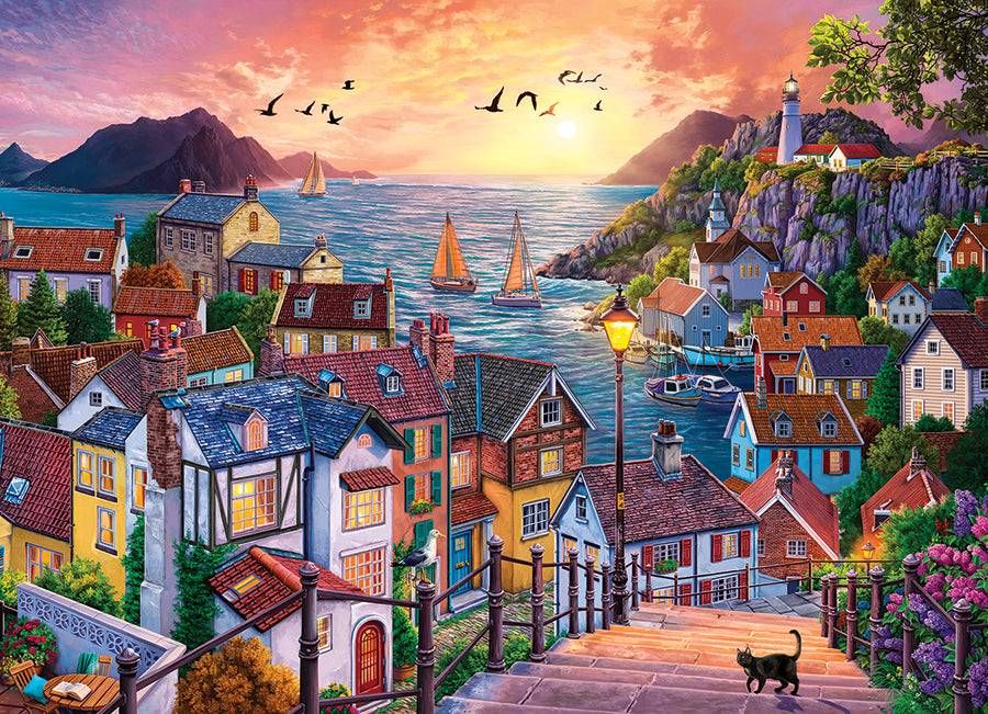 1000 Piece Puzzle in Coastal Town at Sunset