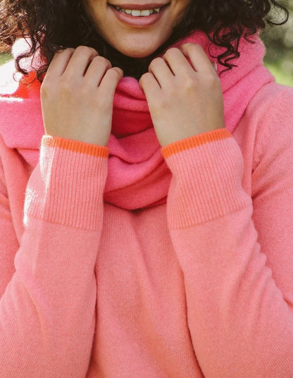 Pure Cashmere Crew Neck Sweater with Contrast Tipping in Coral/Papaya