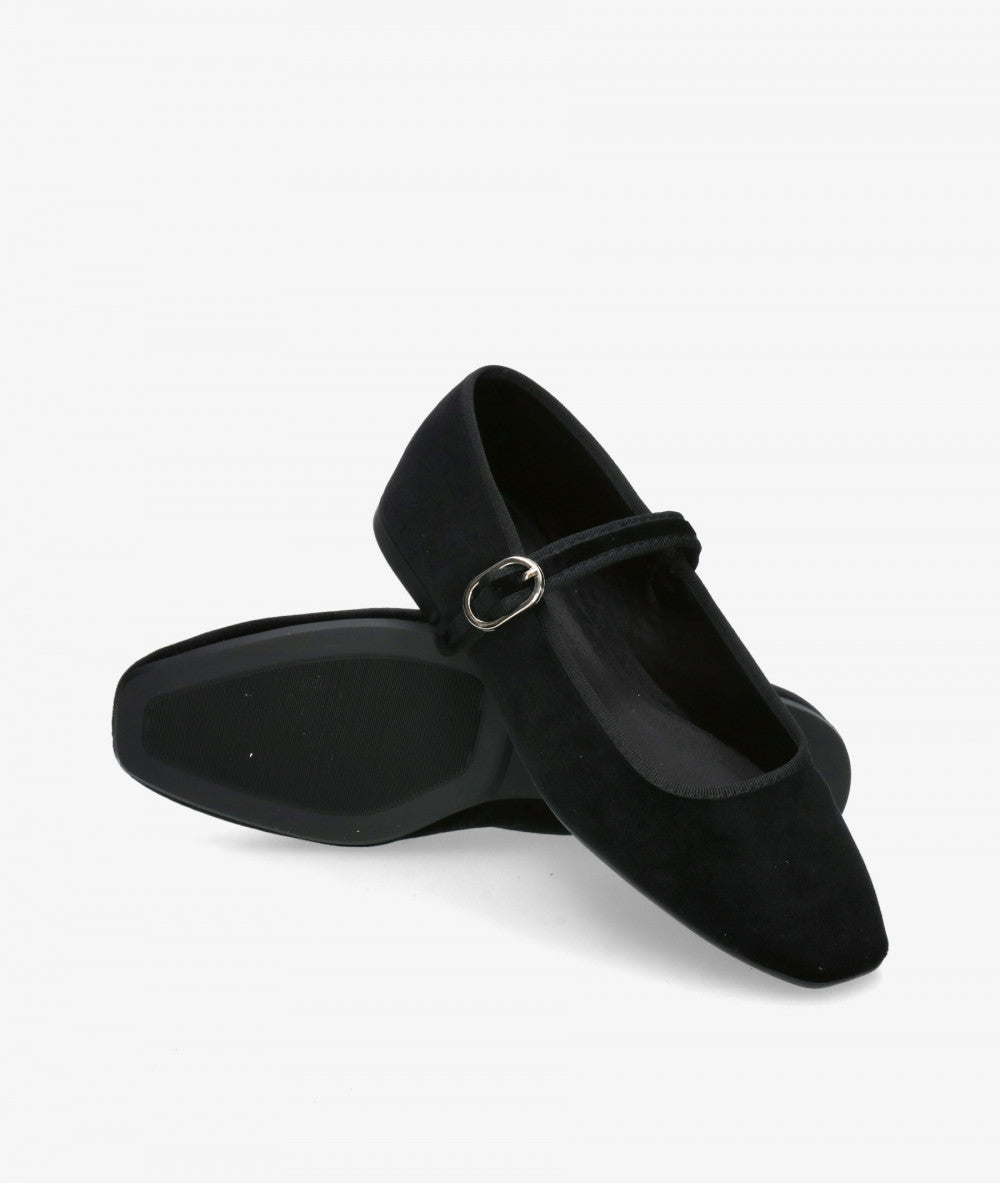 Velvet Mary Jane Flats in Pure Black