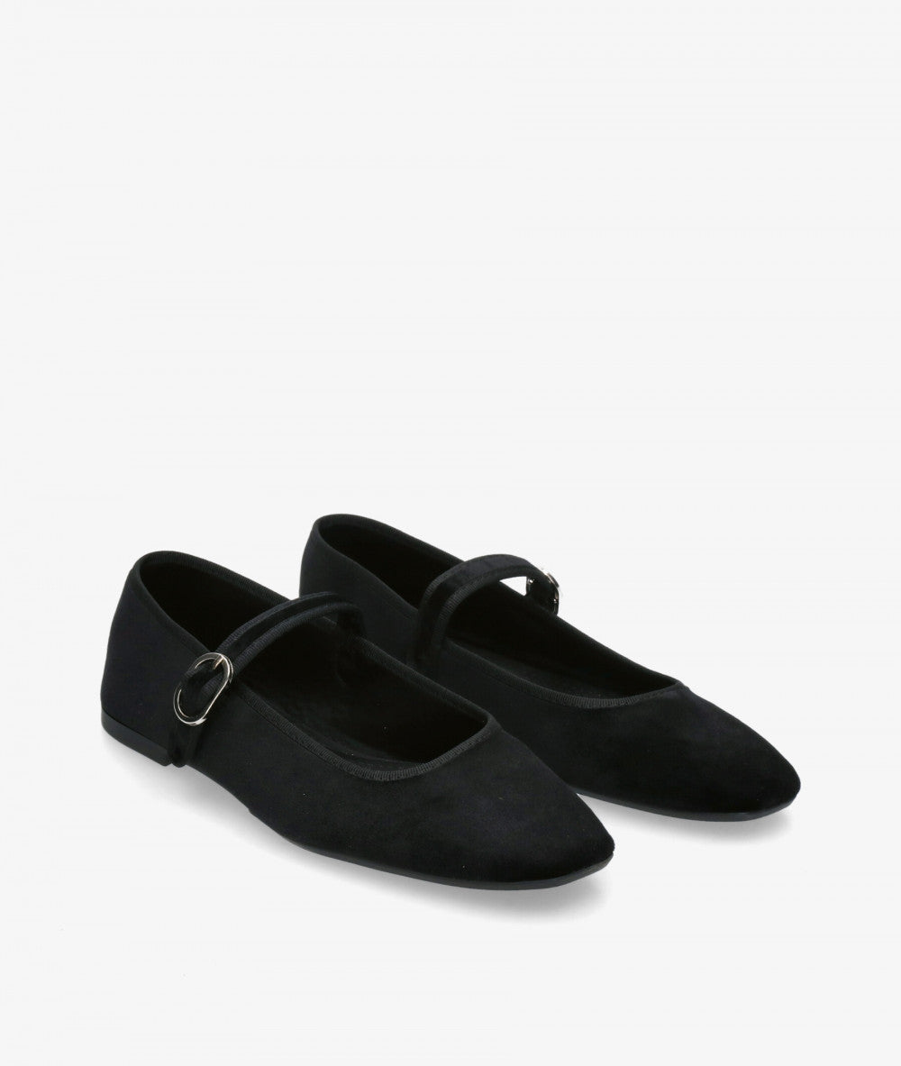 Velvet Mary Jane Flats in Pure Black