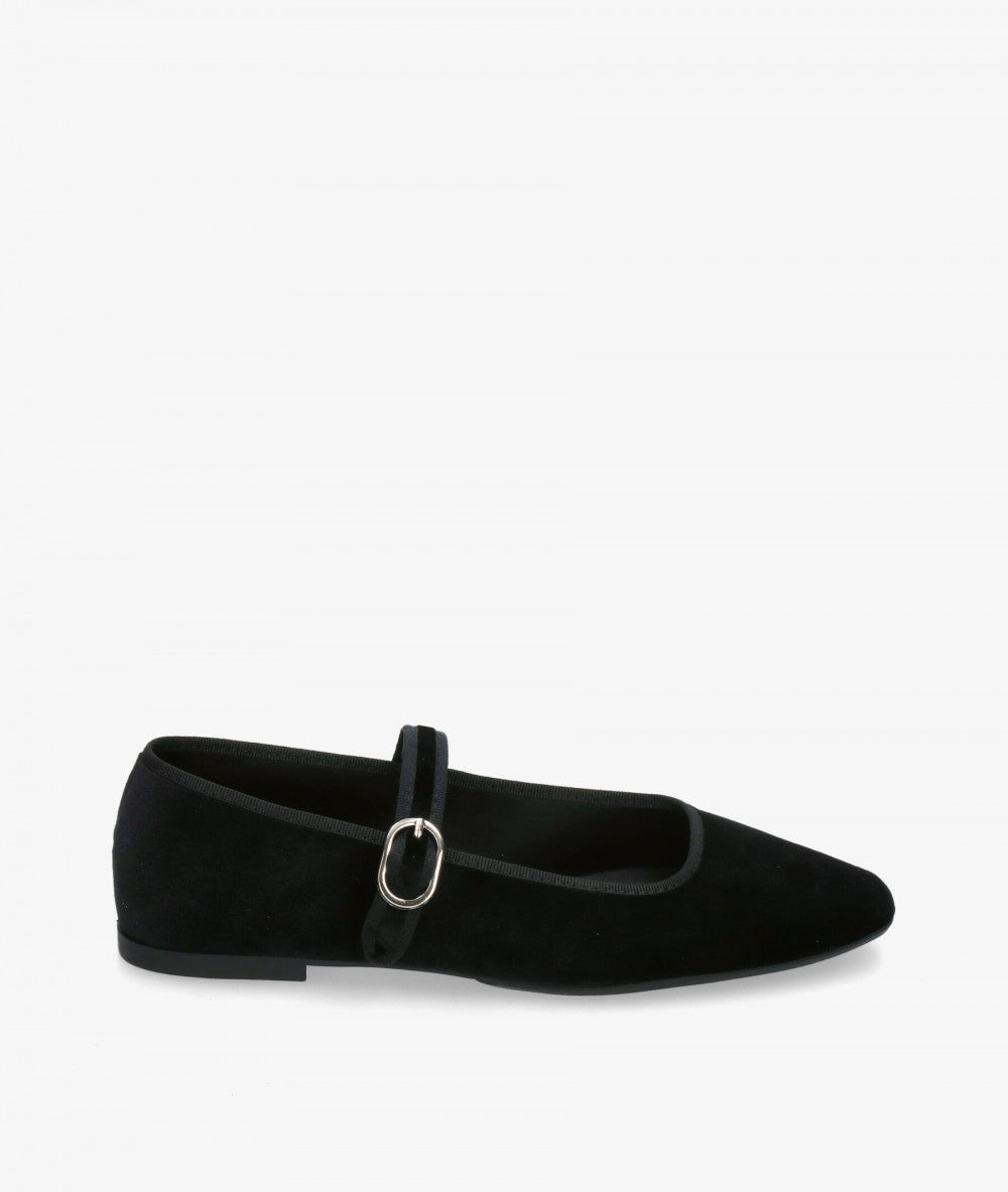 Velvet Mary Jane Flats in Pure Black