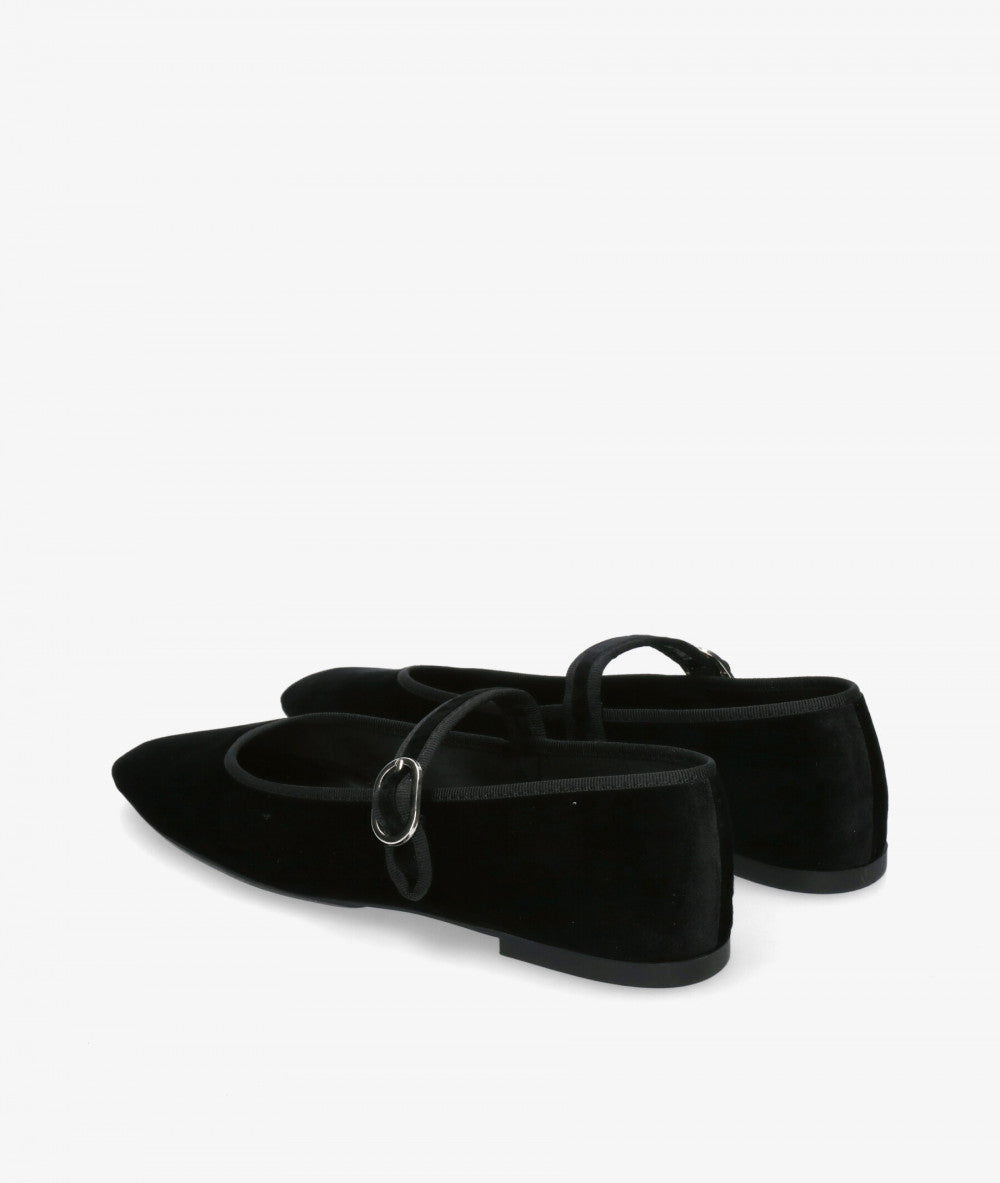 Velvet Mary Jane Flats in Pure Black