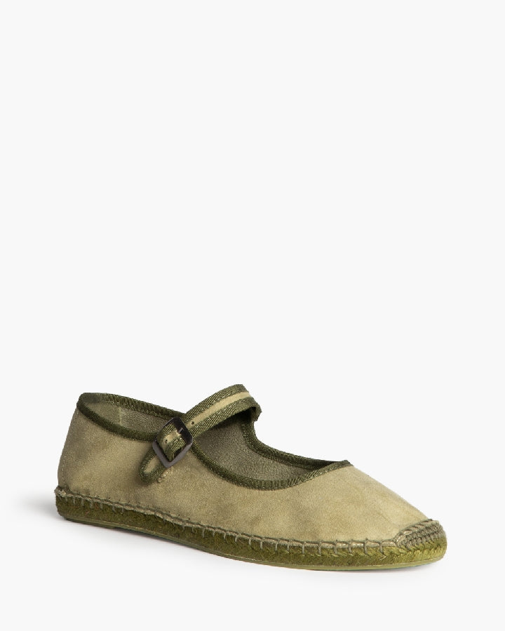 Mary Jane Velvet Flats in Verde