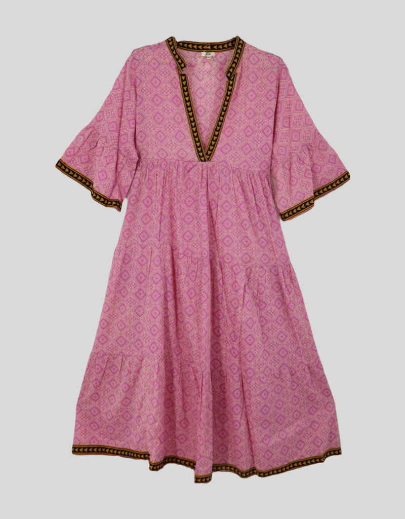 Cotton Mandarin Collar V Neck Dress in Pink