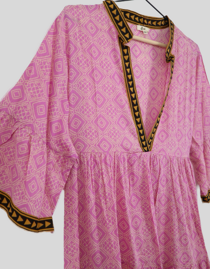 Cotton Mandarin Collar V Neck Dress in Pink