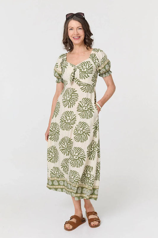 Tie Front Midi Dress in Khaki