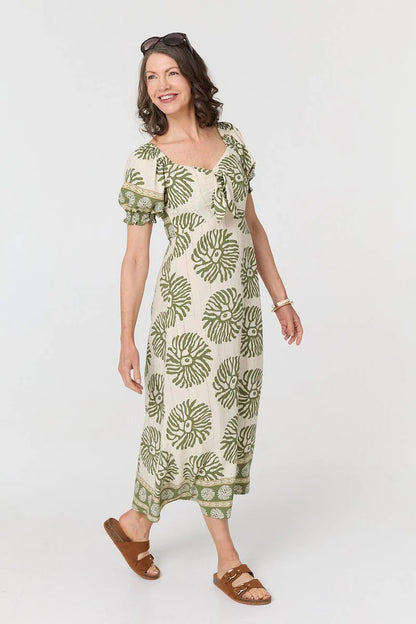 Tie Front Midi Dress in Khaki