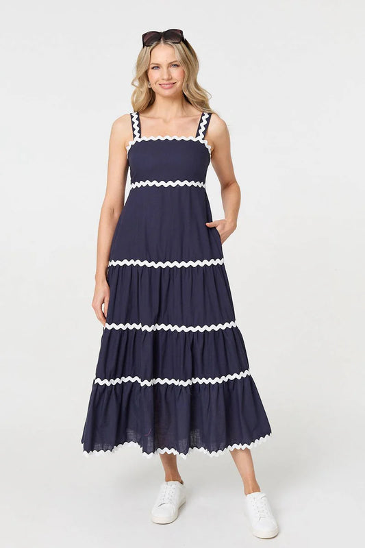 Zig Zag Trim Tiered Midi Dress in Navy