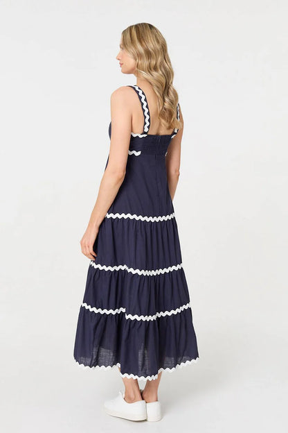 Zig Zag Trim Tiered Midi Dress in Navy