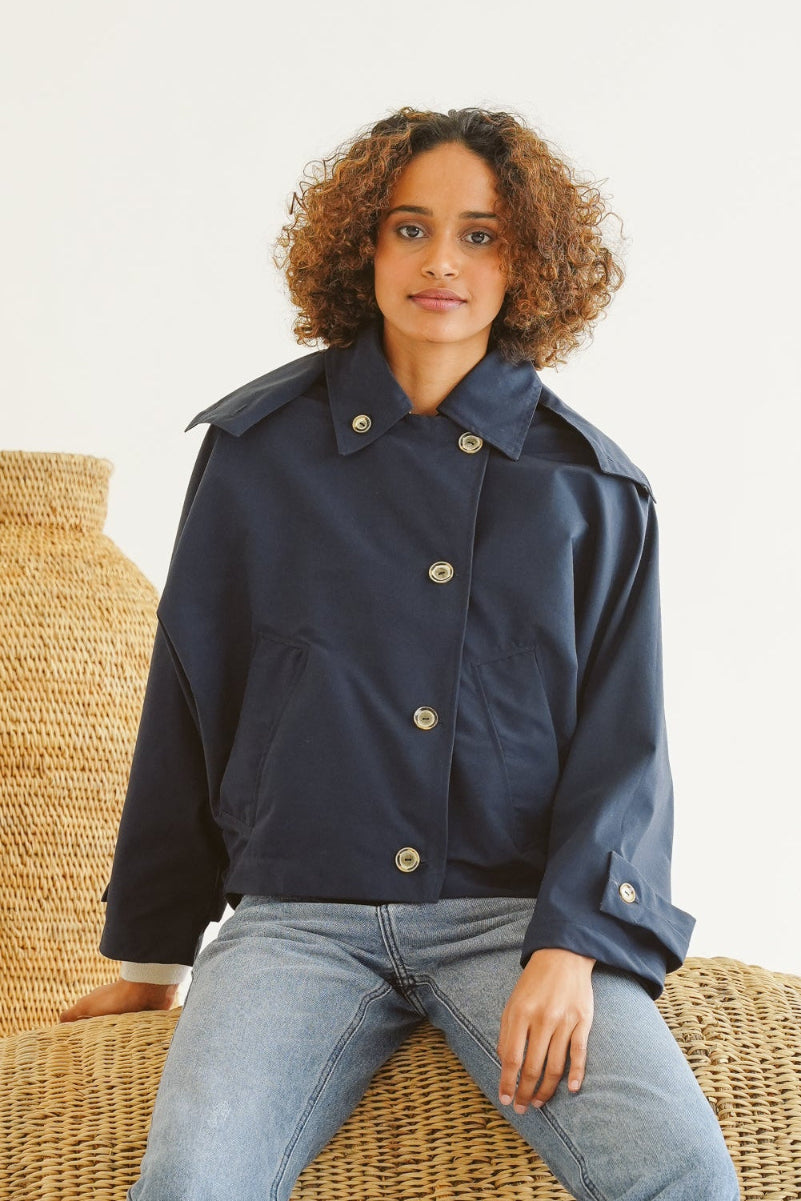 Nia Cotton Blend Batwing Jacket in Navy
