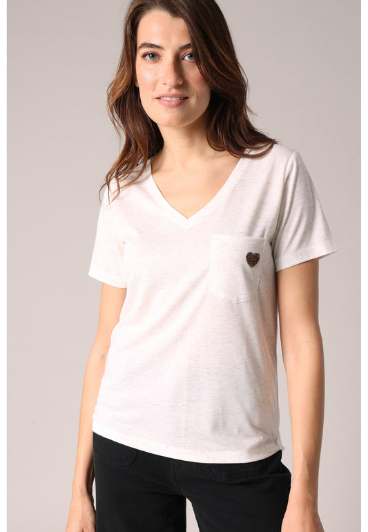 Kellie Beaded Heart Tee in Natural Marl