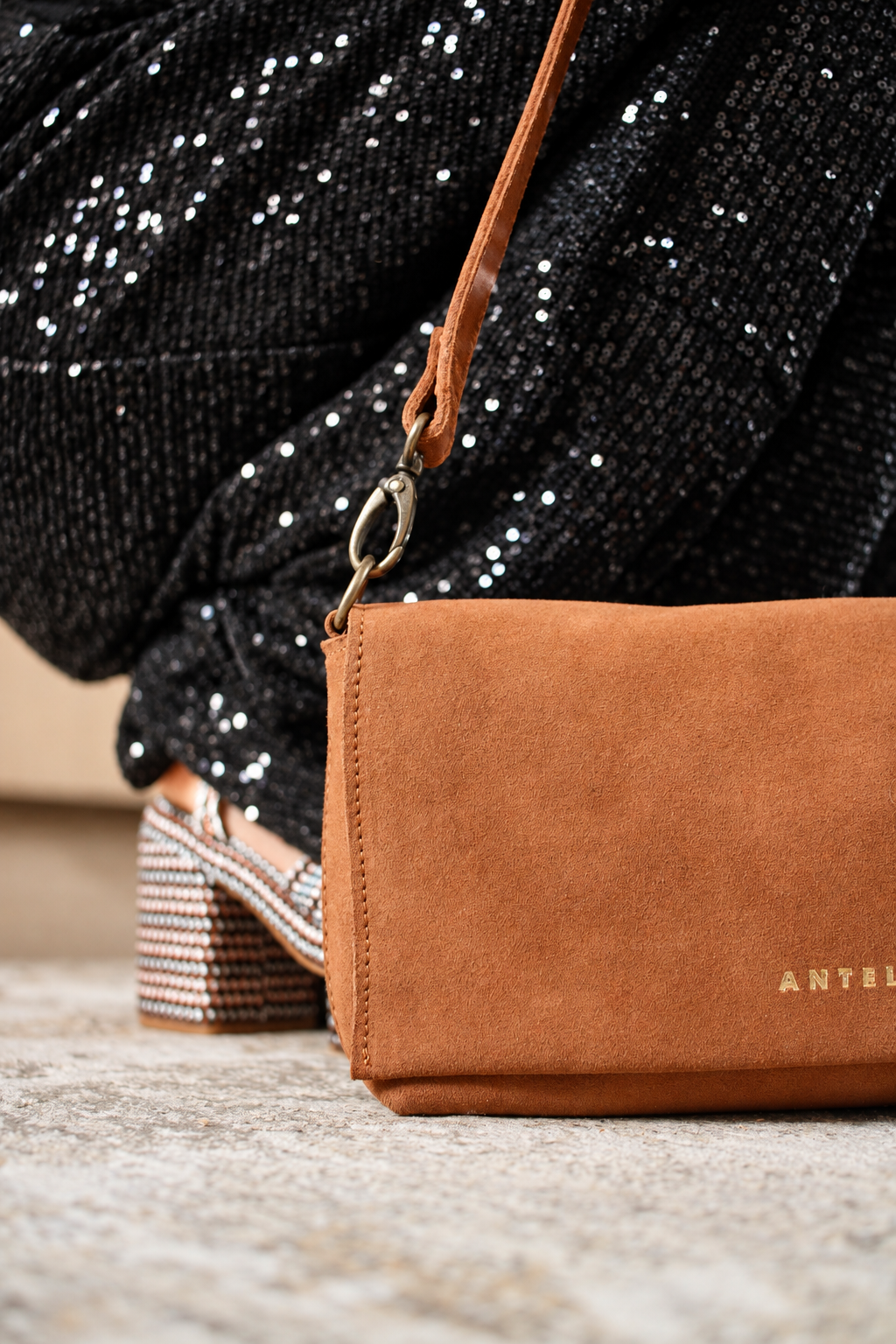 Freya East-West Leather Shoulder Bag in Cognac Suede & Cider Tan