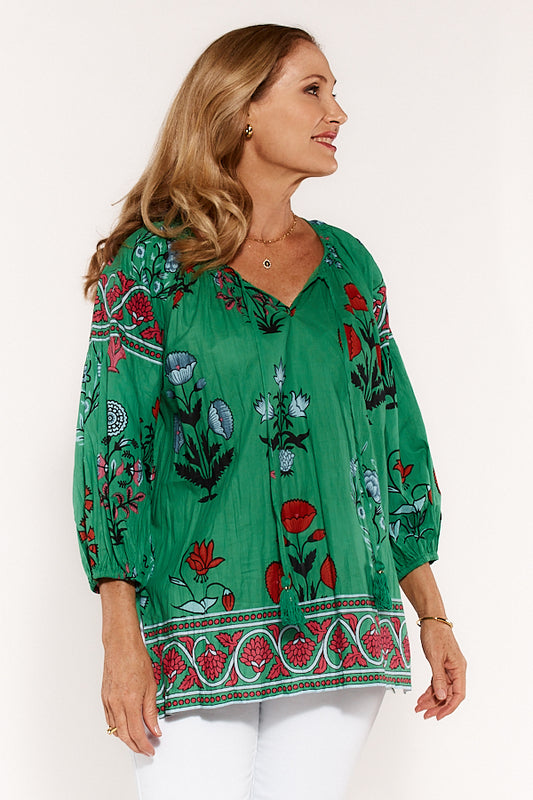 Marcoola Printed Cotton Top in Sea Green