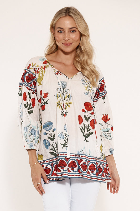 Marcoola Printed Cotton Top in White