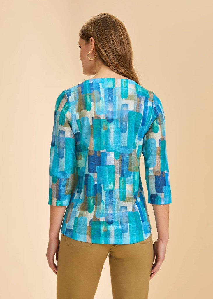 3/4 Sleeve Notch Neck Top in Blue Rockefeller