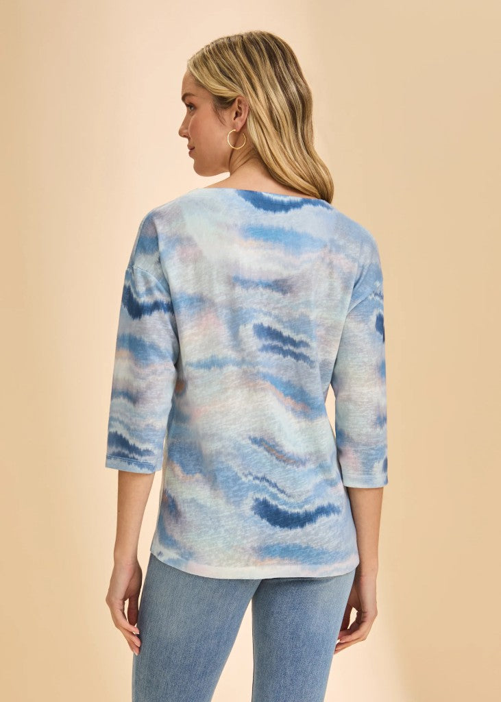 Drop Shoulder Notch Neck Top in Neutral Stripes