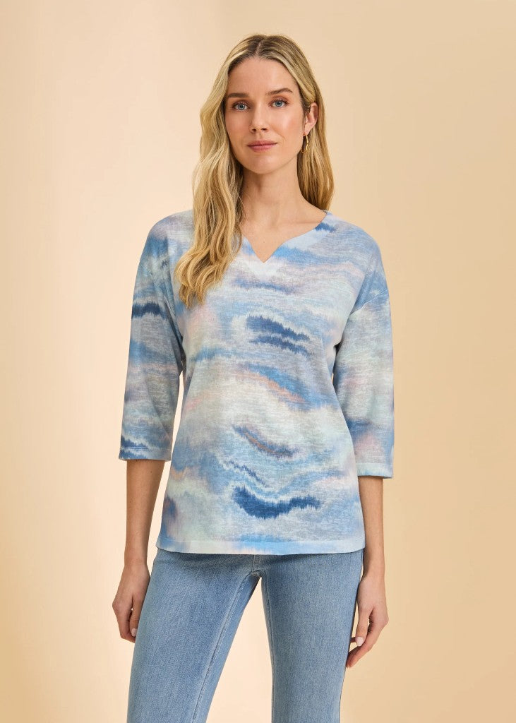 Drop Shoulder Notch Neck Top in Neutral Stripes