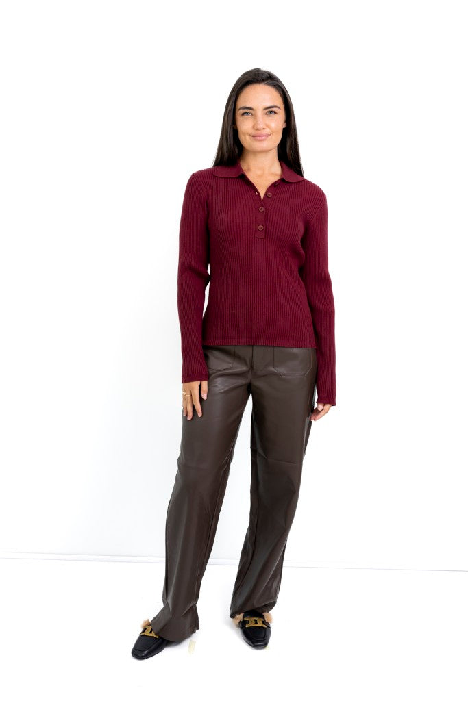 Fontana Rib Button Collar Knit in Bordeaux
