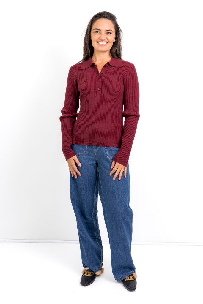 Fontana Rib Button Collar Knit in Bordeaux