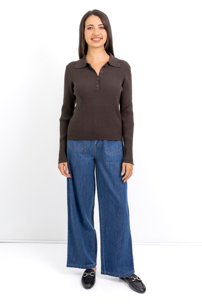Fontana Rib Button Collar Knit in Chocolate