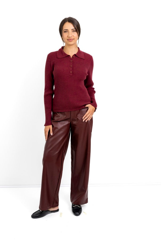 Fontana Rib Button Collar Knit in Bordeaux