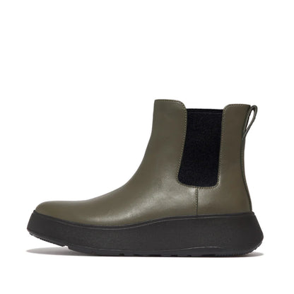 F-Mode Leather Flatform Chelsea Boots in Olive
