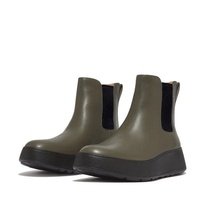 F-Mode Leather Flatform Chelsea Boots in Olive