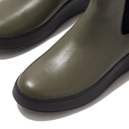 F-Mode Leather Flatform Chelsea Boots in Olive