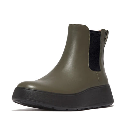 F-Mode Leather Flatform Chelsea Boots in Olive