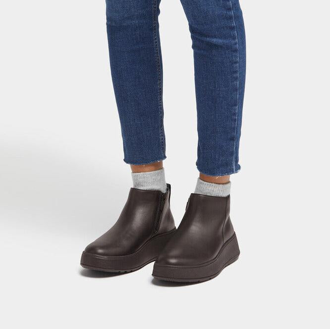 F-Mode Leather Flatform Zip Ankle Boot in Chocolate Brown